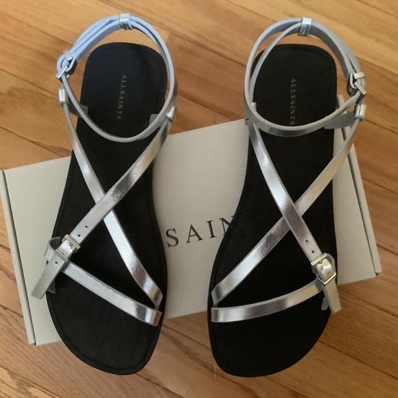 All Saints Shoes - AllSaints Tyla Ankle Strap Leather Sandal Silver SZ EU 40